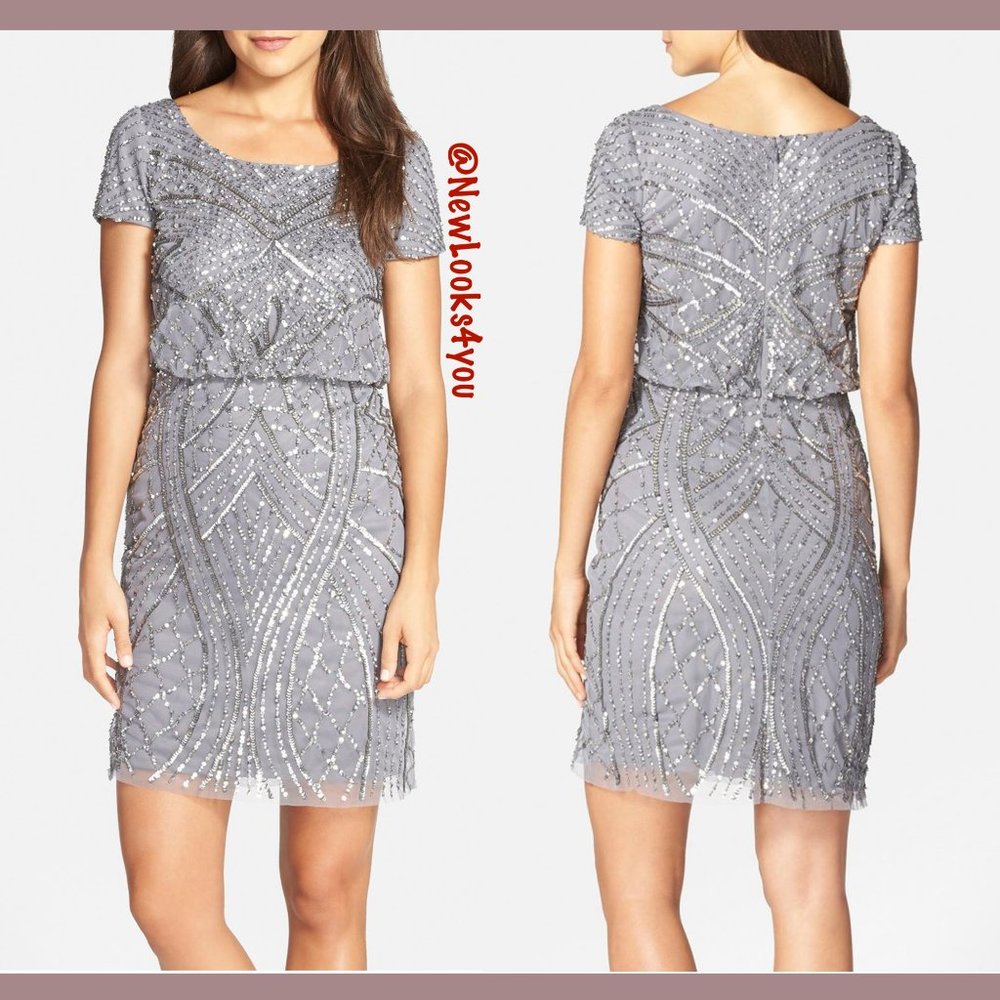 NEW Adrianna Papell Beaded Blouson Dress 8 grey‎